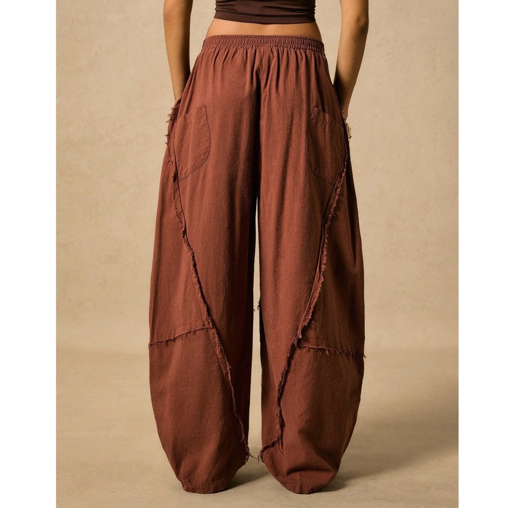 Boho Rust Brown Solid Stretchy waist Pockets Frayed Detail Harem Pants - Picture 9 of 10